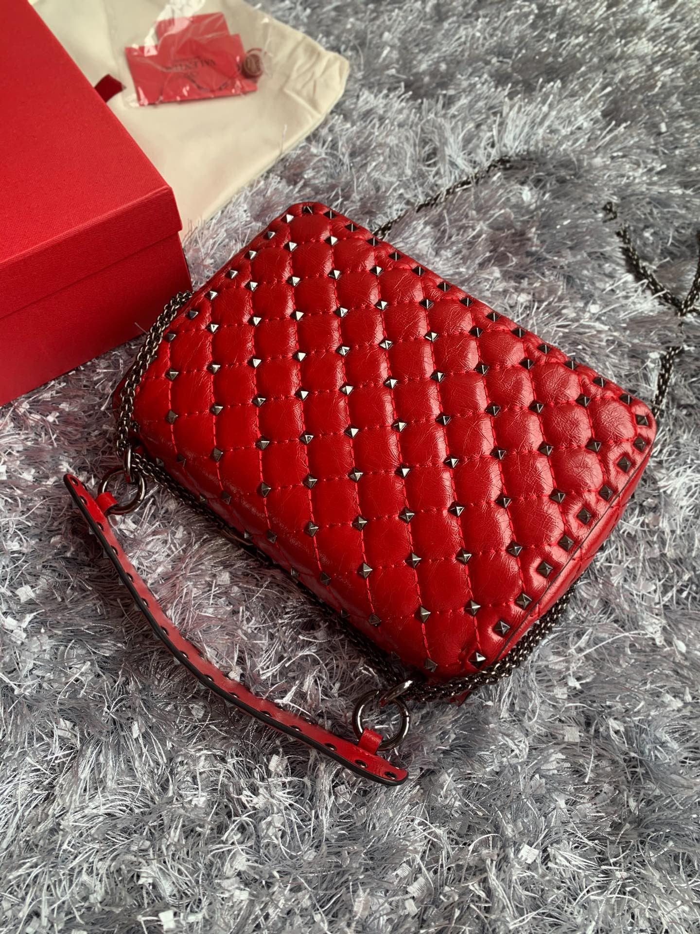 Valentino Garavani Rockstud Spike Medium Chain Bag in Red Supple Lambskin Nappa